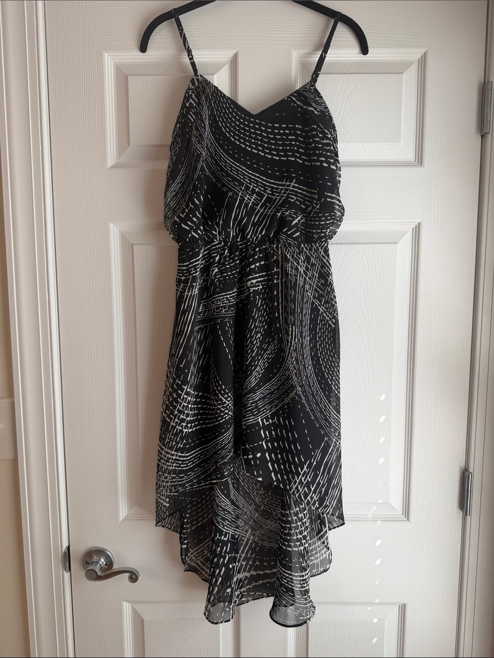 Express Black and White Printed High-Low Spaghetti-Strap Dress